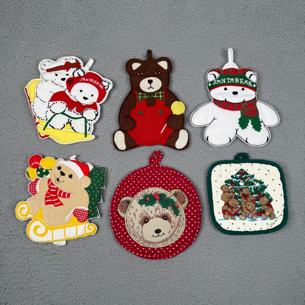 VTG Christmas Pot Holders Lot 6 Teddy Bear Santa Holiday Country Kitchen Kitsch